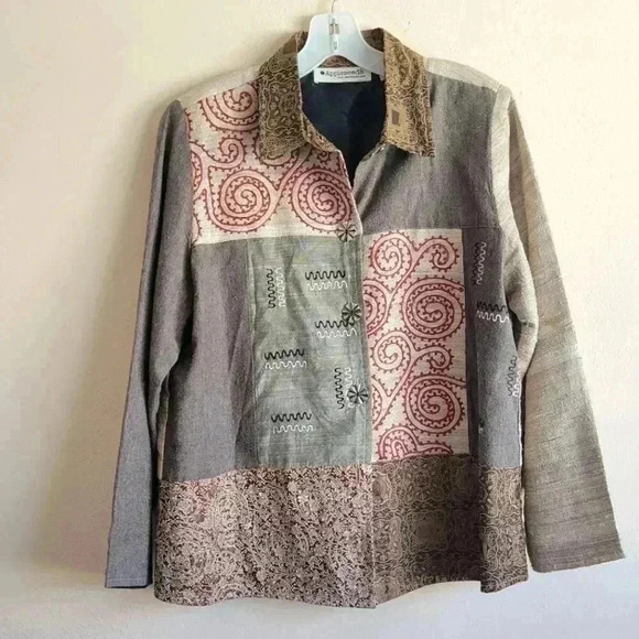 Vintage silk blend patchwork tapestry shaket lightweight jacket blazer medium - Picture 1 of 13